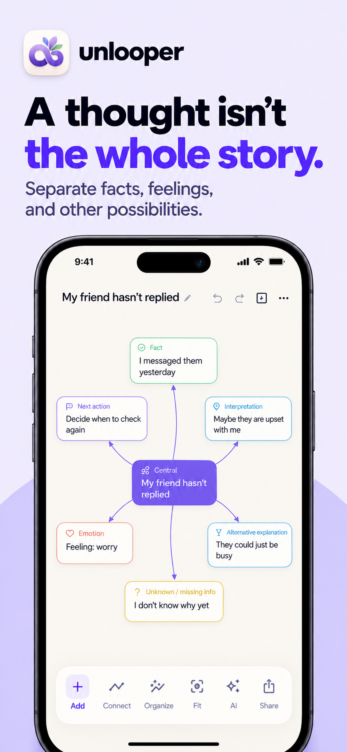unLooper screen guiding the user to see a thought from another angle